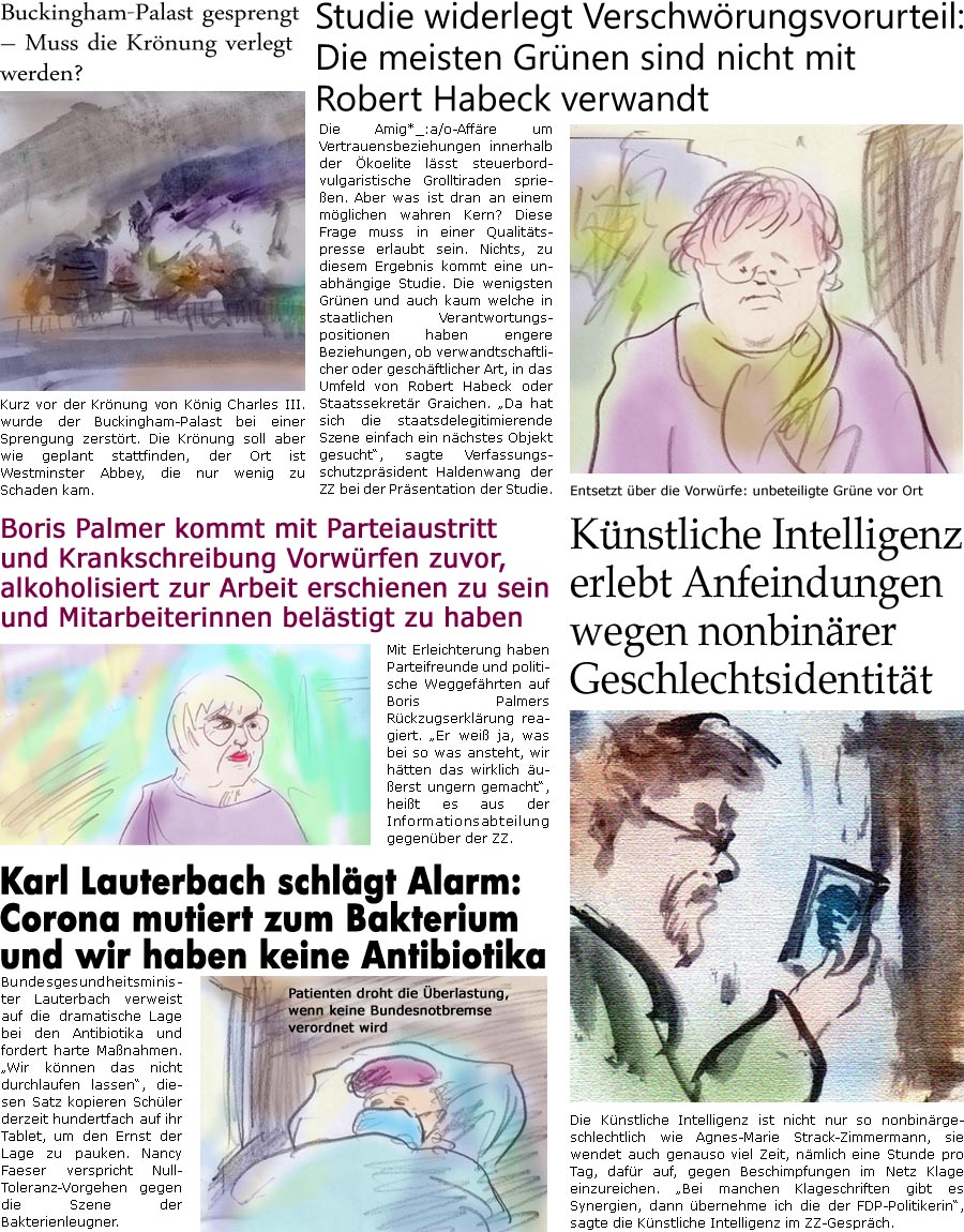 ZellerZeitung.de Seite 1390 - Die Online-Satirezeitung powered by Bernd Zeller 
3. Mai 2023

Studie widerlegt Verschwrungsvorurteil: Die meisten Grnen sind nicht mit Robert Habeck verwandt
Die Amig*_:a/o-Affre um Vertrauensbeziehungen innerhalb der koelite lsst steuerbordvulgaristische Grolltiraden sprieen. Aber was ist dran an einem mglichen wahren Kern? Diese Frage muss in einer Qualittspresse erlaubt sein. Nichts, zu diesem Ergebnis kommt eine unabhngige Studie. Die wenigsten Grnen und auch kaum welche in staatlichen Verantwortungspositionen haben engere Beziehungen, ob verwandtschaftlicher oder geschftlicher Art, in das Umfeld von Robert Habeck oder Staatssekretr Graichen. “Da hat sich die staatsdelegitimierende Szene einfach ein nchstes Objekt gesucht”, sagte Verfassungsschutzprsident Haldenwang der ZZ bei der Prsentation der Studie.
Entsetzt ber die Vorwrfe: unbeteiligte Grne 