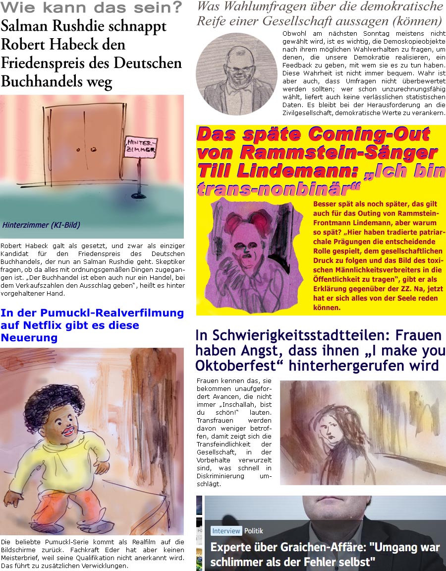 ZellerZeitung.de Seite 1411 - Die Online-Satirezeitung powered by Bernd Zeller 
21. Juni 2023

In der Pumuckl-Realverfilmung auf Netflix gibt es diese Neuerung
Die beliebte Pumuckl-Serie kommt als Realfilm auf die Bildschirme zurck. Fachkraft Eder hat aber keinen Meisterbrief, weil seine Qualifikation nicht anerkannt wird. Das fhrt zu zustzlichen Verwicklungen.

Wie kann das sein?
Salman Rushdie schnappt Robert Habeck den Friedenspreis des Deutschen Buchhandels weg
Robert Habeck galt als gesetzt, und zwar als einziger Kandidat fr den Friedenspreis des Deutschen Buchhandels, der nun an Salman Rushdie geht. Skeptiker fragen, ob da alles mit ordnungsgemen Dingen zugegangen ist. “Der Buchhandel ist eben auch nur ein Handel, bei dem Verkaufszahlen den Ausschlag geben”, heit es hinter vorgehaltener Hand.

Das spte Coming-Out von Rammstein-Snger Till Lindemann: “Ich bin trans-nonbinr&rd