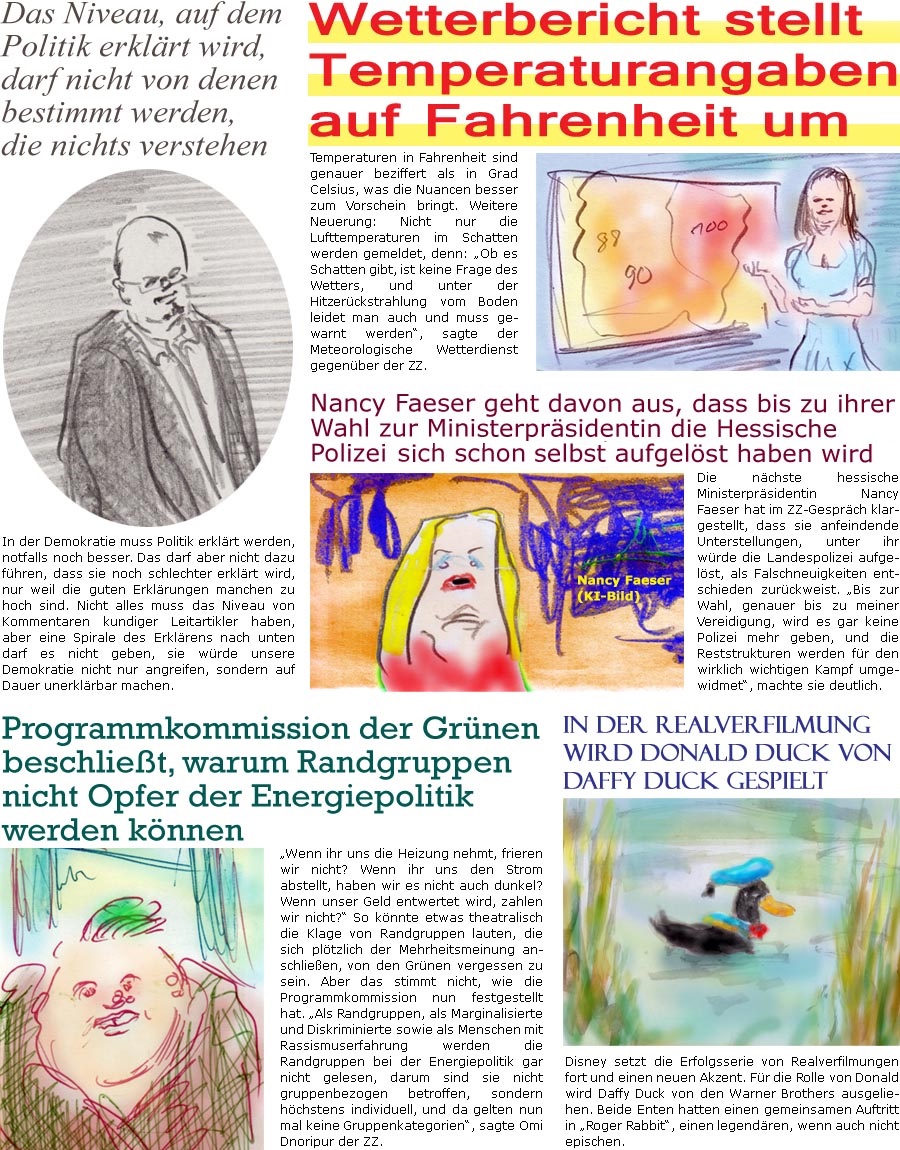 ZellerZeitung.de Seite 1423 - Die Online-Satirezeitung powered by Bernd Zeller 
19. Juli 2023

Wetterbericht stellt Temperaturangaben auf Fahrenheit um
Temperaturen in Fahrenheit sind genauer beziffert als in Grad Celsius, was die Nuancen besser zum Vorschein bringt. Weitere Neuerung: Nicht nur die Lufttemperaturen im Schatten werden gemeldet, denn: “Ob es Schatten gibt, ist keine Frage des Wetters, und unter der Hitzerckstrahlung vom Boden leidet man auch und muss gewarnt werden”, sagte der #Meteorologische Wetterdienst gegenber der ZZ.

Nancy Faeser geht davon aus, dass bis zu ihrer Wahl zur Ministerprsidentin die Hessische Polizei schon selbst aufgelst haben wird
Die nchste hessische Ministerprsidentin Nancy Faeser hat im ZZ-Gesprch klargestellt, dass sie anfeindende Unterstellungen, sie wrde die Polizei auflsen, als Falschneuigkeiten entschieden zurckweist. “Bis zur Wahl, genaue