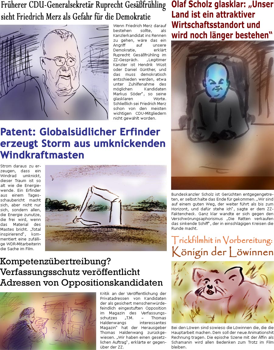 ZellerZeitung.de Seite 1432 - Die Online-Satirezeitung powered by Bernd Zeller 
9. August 2023

Frherer CDU-Generalsekretr Ruprecht Gesfrhling hlt Friedrich Merz fr Gefahr fr die Demokratie
Wenn Friedrich Merz darauf bestehen sollte, als Kanzlerkandidat ins Rennen zu gehen, wre das ein Angriff auf unsere Demokratie, erklrt Ruprecht Gesfrhling im ZZ-Gesprch. “Legitimer Kanzler ist Hendrik Wst oder Daniel Gnther, und das muss demokratisch entschieden werden, etwa unter Zuhilfenahme des mglichen Kandidaten Markus Sder”, so seine glasklaren Worte. Schlielich sei Friedrich Merz schon von den meisten wichtigen CDU-Mitgliedern nicht gewhlt worden. 

Olaf Scholz glasklar: “Deutschland ist ein attraktiver Wirtschaftsstandort und wird noch lnger bestehen”
Bundeskanzler Scholz ist Gerchten entgegengetreten, er selbst halte das Ende fr gekommen. “Wir sind auf einem gute