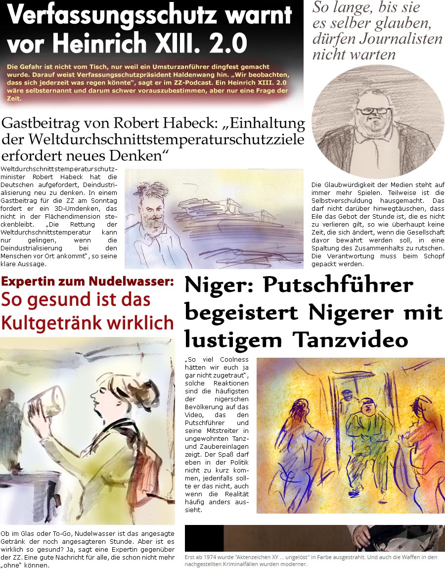 ZellerZeitung.de Seite 1433 - Die Online-Satirezeitung powered by Bernd Zeller 
11. August 2023

Niger: Putschfhrer begeistert Nigerer mit lustigem Tanzvideo
“So viel Coolness htten wir euch ja gar nicht zugetraut”, solche Reaktionen sind die hufigsten der nigerschen Bevlkerung auf das Video, das den Putschfhrer und seine Mitstreiter in ungewohnten Tanz- und Zaubereinlagen zeigt. Der Spa darf eben in der Politik nicht zu kurz kommen, jedenfalls sollte er das nicht, auch wenn die Realitt hufig anders aussieht.

Expertin zum Nudelwasser: So gesund ist das Kultgetrnk wirklich
Ob im Glas oder To-Go, Nudelwasser ist das angesagt Getrnk der noch angesagteren Stunde. Aber ist es wirklich so gesund? Ja, sagt eine Expertin gegenber der ZZ. Eine gute Nachricht fr alle, die schon nicht mehr “ohne” knnen.

Gastbeitrag von Robert Habeck: “Einhaltung der Weltdurchschnittstemperat