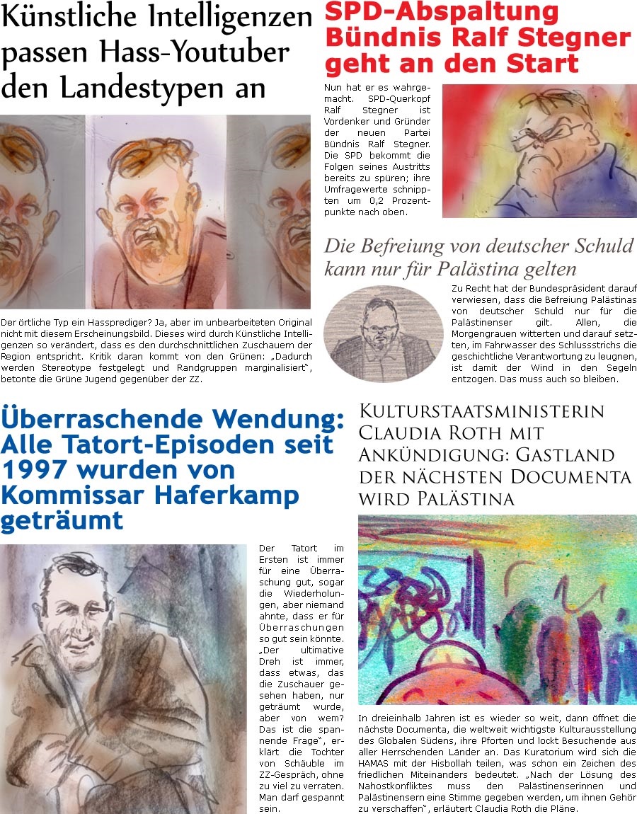 ZellerZeitung.de Seite 1465 - Die Online-Satirezeitung powered by Bernd Zeller 
25. Oktober 2023

Knstliche Intelligenzen passen Hass-Youtuber den Landestypen an
Der rtliche Typ ein Hassprediger? Ja, aber im unbearbeiteten Original nicht mit diesem Erscheinungsbild. Dieses wird durch Knstliche Intelligenzen so verndert, dass es den durchschnittlichen Zuschauern der Region entspricht. Kritik daran kommt von den Grnen: “Dadurch werden Stereotype festgelegt und Randgruppen marginalisiert”, sagte die Grne Jugend gegenber der ZZ.

SPD-Abspaltung Bndnis Ralf Stegner geht an den Start
Nun hat er es wahrgemacht. SPD-Querkopf Ralf Stegner ist Vordenker und Grnder der neuen Partei Bndnis Ralf Stegner. Die SPD bekommt die Folgen seines Austritts bereits zu spren; ihre Umfragewerte schnippten um 0,4 Prozentpunkte nach oben. 

berraschende Wendung: Alle Tatort-Episoden seit 1997 wurden von Kommiss