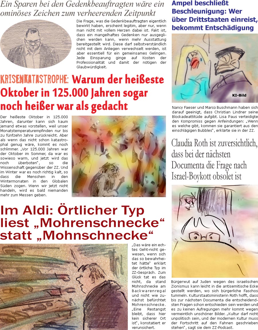 ZellerZeitung.de Seite 1473 - Die Online-Satirezeitung powered by Bernd Zeller 
13. November 2023

Im Aldi: rtlicher Typ liest “Mohrenschnecke” statt “Mohnschnecke”
“Das wre ein echtes Geht-nicht gewesen, wenn sich das so bewahrheitet htte” erklrt der rtliche Typ im ZZ-Gesprch. Zum Glck tat es das nicht, da stand Mohnschnecke am Backwarenregal und nicht wie zunchst befrchtet Mohrenschnecke. “Eine Restangst bleibt, dass hier kein sicherer Ort ist”, konstatiert er verunsichert.

Krisenkatastrophe: Warum der heieste Oktober in 125.000 Jahren sogar noch heier war als gedacht
Der heieste Oktober in 125.000 Jahren, darunter kann sich kaum jemand etwas vorstellen, weil unser Monatstemperaturempfinden nur bis zu fnfzehn Jahre zurckreicht. Aber als wenn das nicht schon katastrophal genug wre, kommt es noch schlimmer. “Vor 125.000 Jahren war der Oktobe