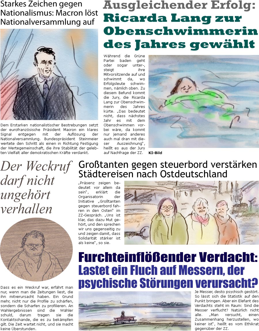 ZellerZeitung.de Seite 1565 - Die Online-Satirezeitung powered by Bernd Zeller 
12. Juni 2024

Starkes Zeichen gegen Nationalismus: Macron lst Nationalversammlung auf
Dem Erstarken nationalistischer Bestrebungen setzt der eurofranzsische Prsident Macron ein klares Signal entgegen mit der Auflsung der Nationalversammlung. Bundesprsident Steinmeier wertete den Schritt als einen in Richtung Festigung der Wertegemeinschaft, die ihre Stabilitt der gelebten Vielfalt aller demokratischen Krfte verdankt.

Ausgleichender Erfolg: Ricarda Lang zur Obenschwimmerin des Jahres gewhlt
Whrend die Grne Partei baden geht oder sogar unter-, steigt ihre Mitvorsitzende auf und schwimmt da, wo Erfolgsleute schwimmen, nmlich oben. Zu diesem Befund kommt die Jury, die Ricarda Lang zur Obenschwimmerin des Jahres krte. “Das bedeutet nicht, dass nchstes Jahr es mit dem Obenschwimmen vorbei wre, da kommt nur jemand an