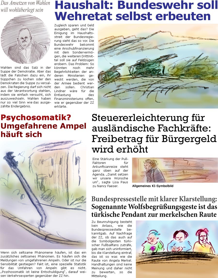 ZellerZeitung.de Seite 1576 - Die Online-Satirezeitung powered by Bernd Zeller 
8. Juli 2024

Psychosomatik? Umgefahrene Ampel huft sich
Wenn sich seltsame Phnomene hufen, ist das ein zustzliches seltsames Phnomen. Es hufen sich die Meldungen von umgefahrenen Ampeln. Oder ist nur die Sensibilitt gestiegen? Fakt ist, eine spezielle Statistik fr das Umfahren von Ampeln gibt es nicht. “Psychosomatik ist keine Entschuldigung”, darauf weisen Verkehrsexperten gegenber der ZZ hin.

Das Ansetzen von Wahlen will wohlberlegt sein
Wahlen sind das Salz in der Suppe der Demokratie. Aber das ldt die Falschen dazu ein, ihr Sppchen zu kochen oder den Demokraten die Suppe zu versalzen. Die Regierung darf sich nicht aus der Verantwortung stehlen, indem sie einfach versucht, sich auszuwechseln. Wahlen haben nur so viel Sinn wir das Endergebnis.

Haushalt: Bundeswehr soll Wehretat selbst erbeuten
Zuglei