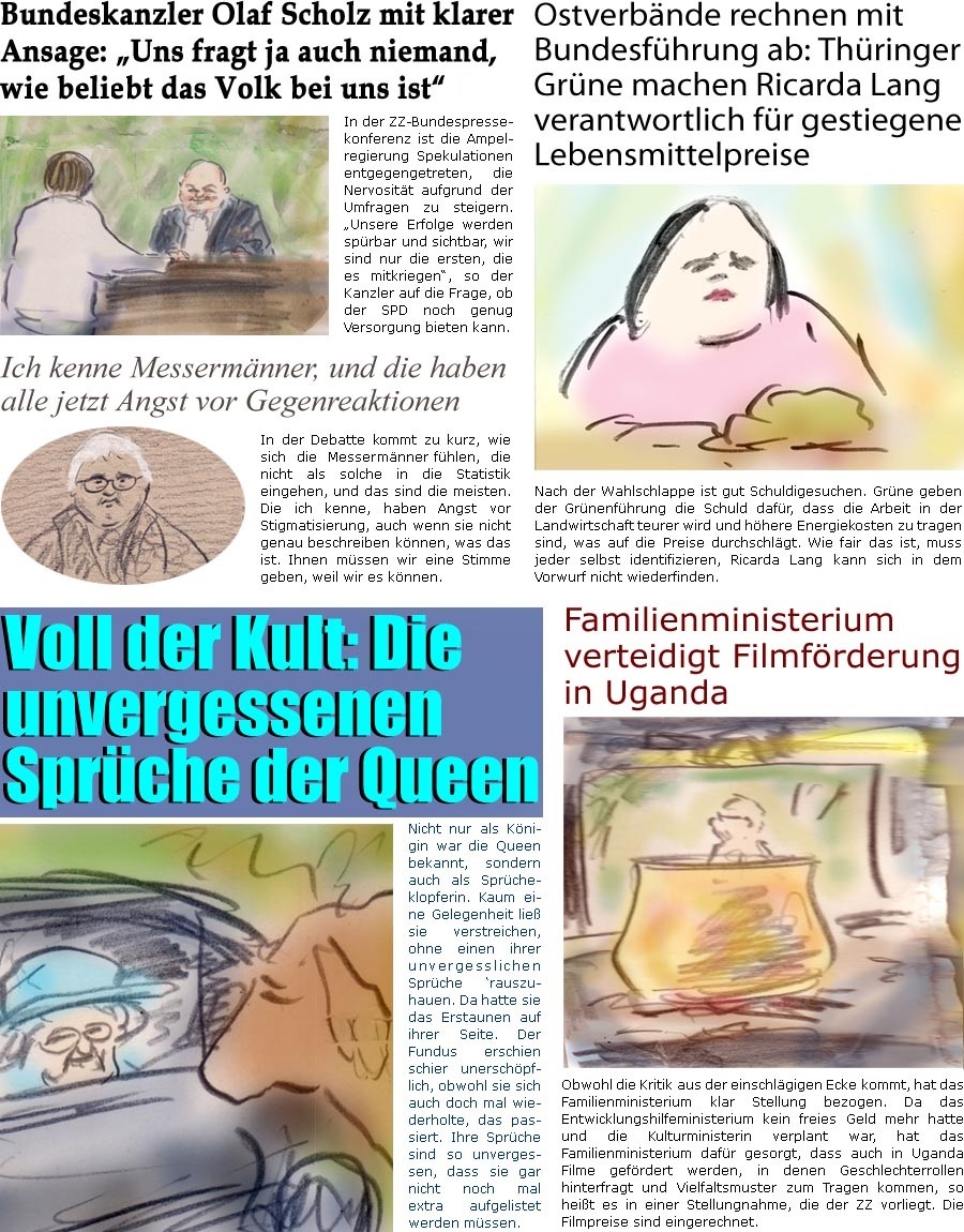 ZellerZeitung.de Seite 1603 - Die Online-Satirezeitung powered by Bernd Zeller 
9. September 2024

Ostverbnde rechnen mit Bundesfhrung ab: Thringer Grne machen Ricarda Lang verantwortlich fr gestiegene Lebensmittelpreise
Nach der Wahlschlappe ist gut Schuldigesuchen. Grne geben der Grnenfhrung die Schuld dafr, dass die Arbeit in der Landwirtschaft teurer wird und hhere Energiekosten zu tragen sind, was auf die Preise durchschlgt. Wie fair das ist, muss jeder selbst identifizieren, Ricarda Lang kann sich in dem Vorwurf nicht wiederfinden. 

Bundeskanzler Olaf Scholz mit klarer Ansage: “Uns fragt ja auch niemand, wie beleibt das Volk bei uns ist”
In der ZZ-Bundespressekonferenz ist die Ampelregierung Spekulationen entgegengetreten, die Nervositt aufgrund der Umfragen zu steigern. “Unsere Erfolge werden sprbar und sichtbar, wir sind nur die ersten, die es mitkriegen”, so der K