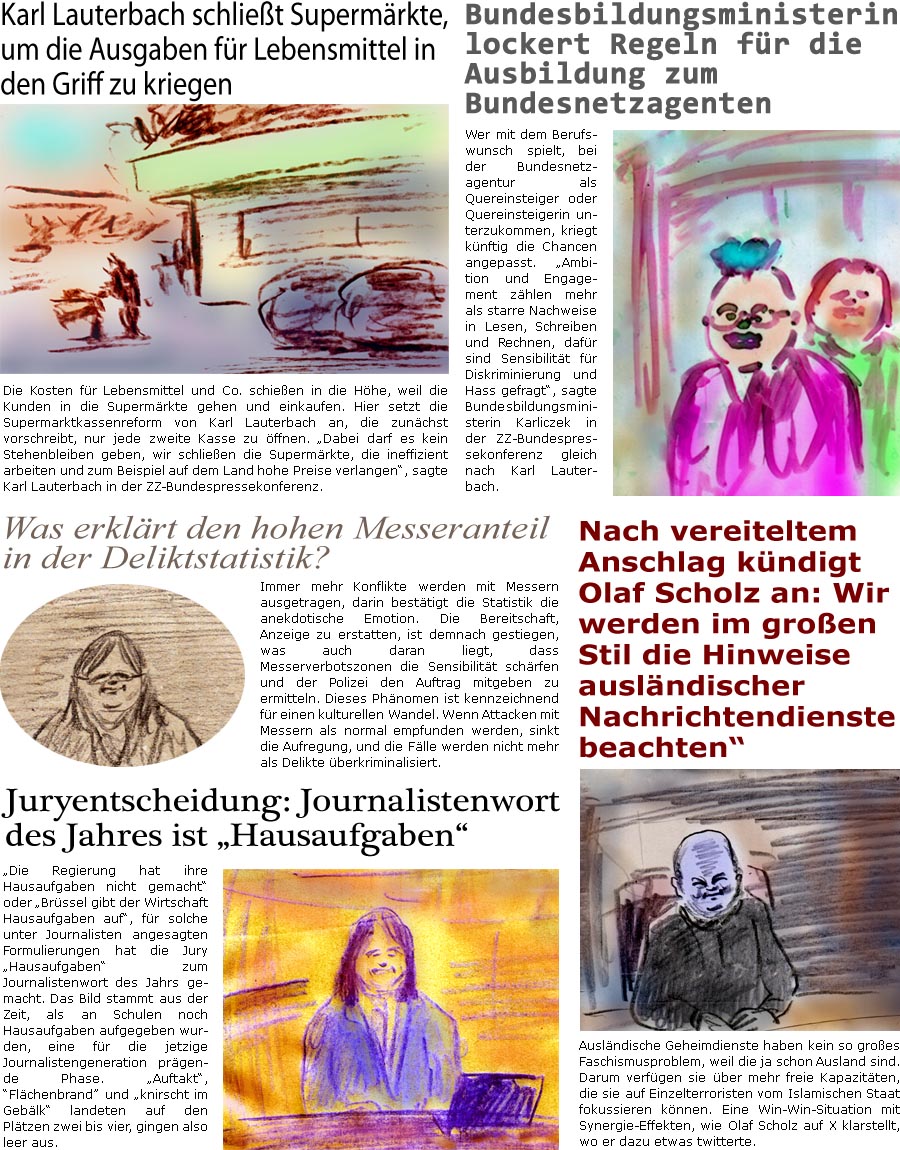 ZellerZeitung.de Seite 1621 - Die Online-Satirezeitung powered by Bernd Zeller 
21. Oktober 2024

Juryentscheidung: Journalistenwort des Jahres ist Hausaufgaben
Die Regierung hat ihre Hausaufgaben nicht gemacht oder Brssel gibt der Wirtschaft Hausaufgaben auf, fr solche unter Journalisten angesagten Formulierungen hat die Jury Hausaufgaben zum Journalistenwort des Jahrs gemacht. Das Bild stammt aus der Zeit, als an Schulen noch Hausaufgaben aufgegeben wurden, eine fr die jetzige Journalistengeneration prgende Zeit. Auftakt und knirscht im Geblk landeten auf den Pltzen zwei und drei, gingen also leer aus.

Was erklrt den hohen Messeranteil in der Deliktstatistik?
Immer mehr Konflikte werden mit Messern ausgetragen, darin besttigt die Statistik die anekdotische Emotion. Die Bereitschaft, Anzeige zu erstatten, ist demnach gestiegen, was auch daran liegt, dass Messerverbotszonen die Sensibilitt schrfen u