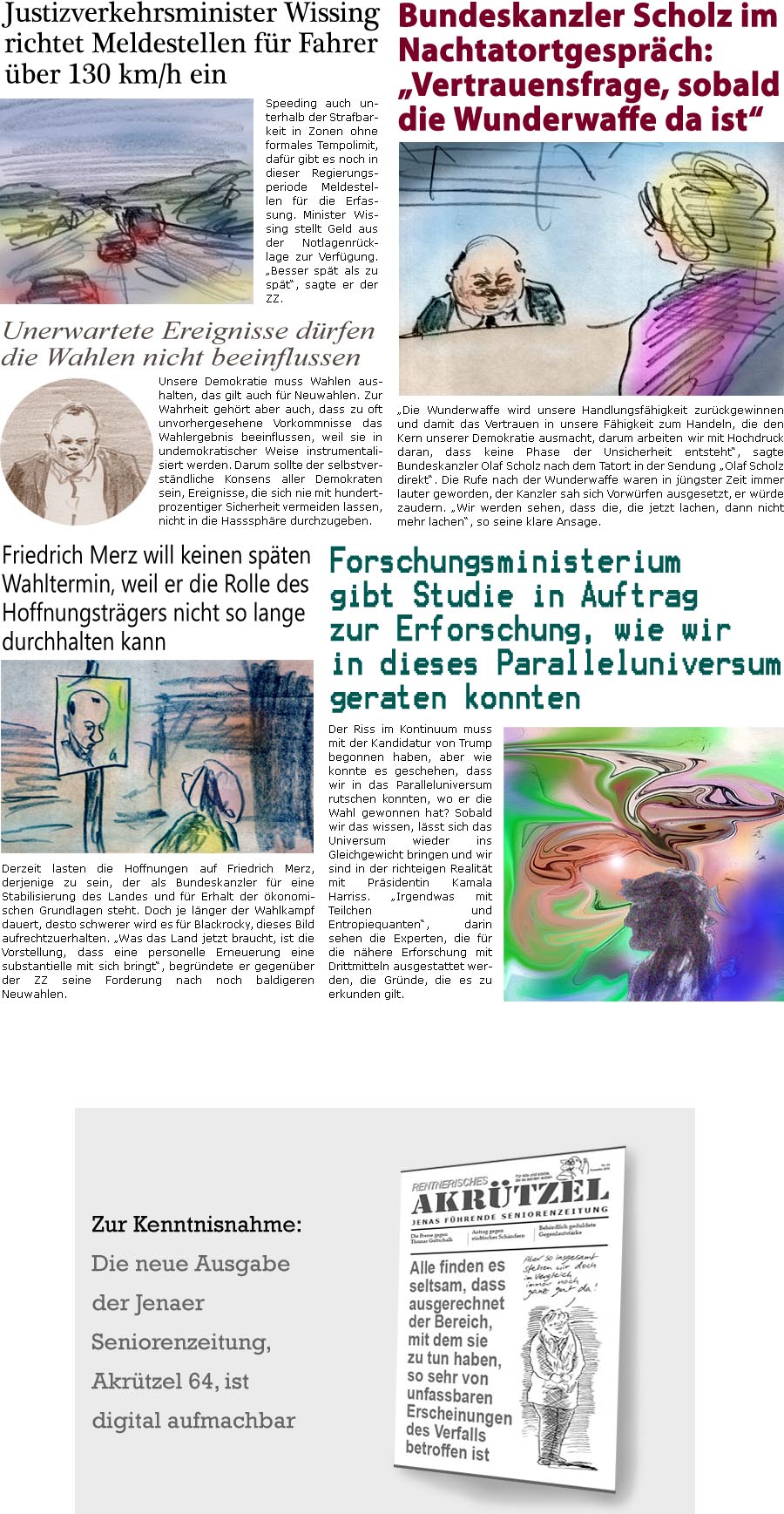 ZellerZeitung.de Seite 1630 - Die Online-Satirezeitung powered by Bernd Zeller 
11. November 2024

Justizverkehrsminister Wissing richtet Meldestellen fr Fahrer ber 130 km/h ein
Speeding auch unterhalb der Strafbarkeit in Zonen ohne formales Tempolimit, dafr gibt es noch in dieser Regierungsperiode Meldestellen fr die Erfassung. Minister Wissing stellt Geld aus der Notlagenrcklage zur Verfgung. “Besser spt als zu spt”, sagte er der ZZ.

Bundeskanzler Scholz im Nachtatortgesprch: “Vertrauensfrage, sobald die Wunderwaffe da ist”
“Die Wunderwaffe wird unsere Handlungsfhigkeit zurckgewinnen und damit das Vertrauen in unsere Fhigkeit zum Handeln, die den Kern unserer Demokratie ausmacht, darum arbeiten wir mit Hochdruck daran, dass keine Phase der Unsicherheit entsteht”, sagte Bundeskanzler Olaf Scholz nach dem Tatort in der Sendung “Olaf Scholz direkt”. D