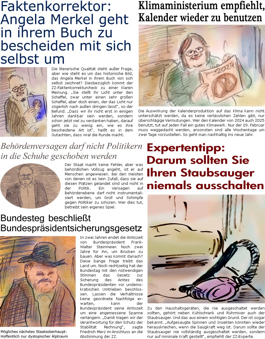 ZellerZeitung.de Seite 1650 - Die Online-Satirezeitung powered by Bernd Zeller 
27. Dezember 2024

Klimaministerium empfiehlt, Kalender wieder zu benutzen
Die Auswirkung der Kalenderproduktion auf das Klima kann nicht unterschtzt werden, da es keine verlsslichen Zahlen gibt, nur berschlgige Vermutungen. Wer den Kalender von 2024 auch 2025 benutzt, tut auf jeden Fall ein gutes Klimawerk. Nur der 29. Februar muss weggedacht werden, ansonsten sind alle Wochentage um zwei Tage vorzustellen. So geht man nachhaltig ins neue Jahr.

Expertentipp: Darum sollten Sie Ihren Staubsauger niemals ausschalten
Zu den Haushaltsgerten, die nie ausgeschaltet werden sollten, gehrt neben Khlschrank und Rhrmixer auch der Staubsauger. Und das aus einem wichtigen Grund. Der ist sogar bekannt. “Aufgesaugte Spinnen und Insekten knnten wieder heruaskriechen, wenn die Saugkraft weg ist. Darum sollte der Staubsauger nie voll