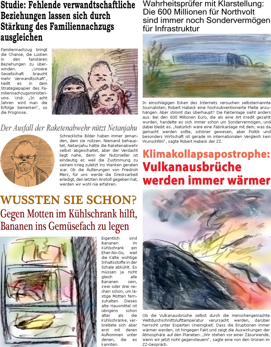 ZellerZeitung.de Seite 1725 - Die Online-Satirezeitung powered by Bernd Zeller 
20. Juni 2025

Wussten Sie schon?
Gegen Motten im Khlschrank hilft, Bananen ins Gemsefach zu legen
Eigentlich sind Bananen im Khlschrank ein Eher-No-Go, weil die Klte wichtige Inhaltsstoffe in der Schale abkhlt. Es mssen ja nicht gleich alle Bananen sein, zwei oder drei reichen schon, um lstige Motten fernzuhalten. Dieses alte Hausmittel ist brigens schon lter als die Khlschrnke, verbreitete sich aber mit deren Aufkommen unter denen, die es kannten.

Der Ausfall der Raketenabwehr ntzt Netanjahu
Schreckliche Bilder haben immer jemanden, dem sie ntzen. Niemand behauptet, Netanjahu htte die Raketenabwehr selbst abgeschaltet, aber der Verdacht liegt nahe, denn der Nutznieer ist eindeutig er, weil die Zustimmung zu seinem Krieg zuletzt ins Wanken geraten war. Ob die uerungen von Friedrich Merz, fr uns werde die Drecks