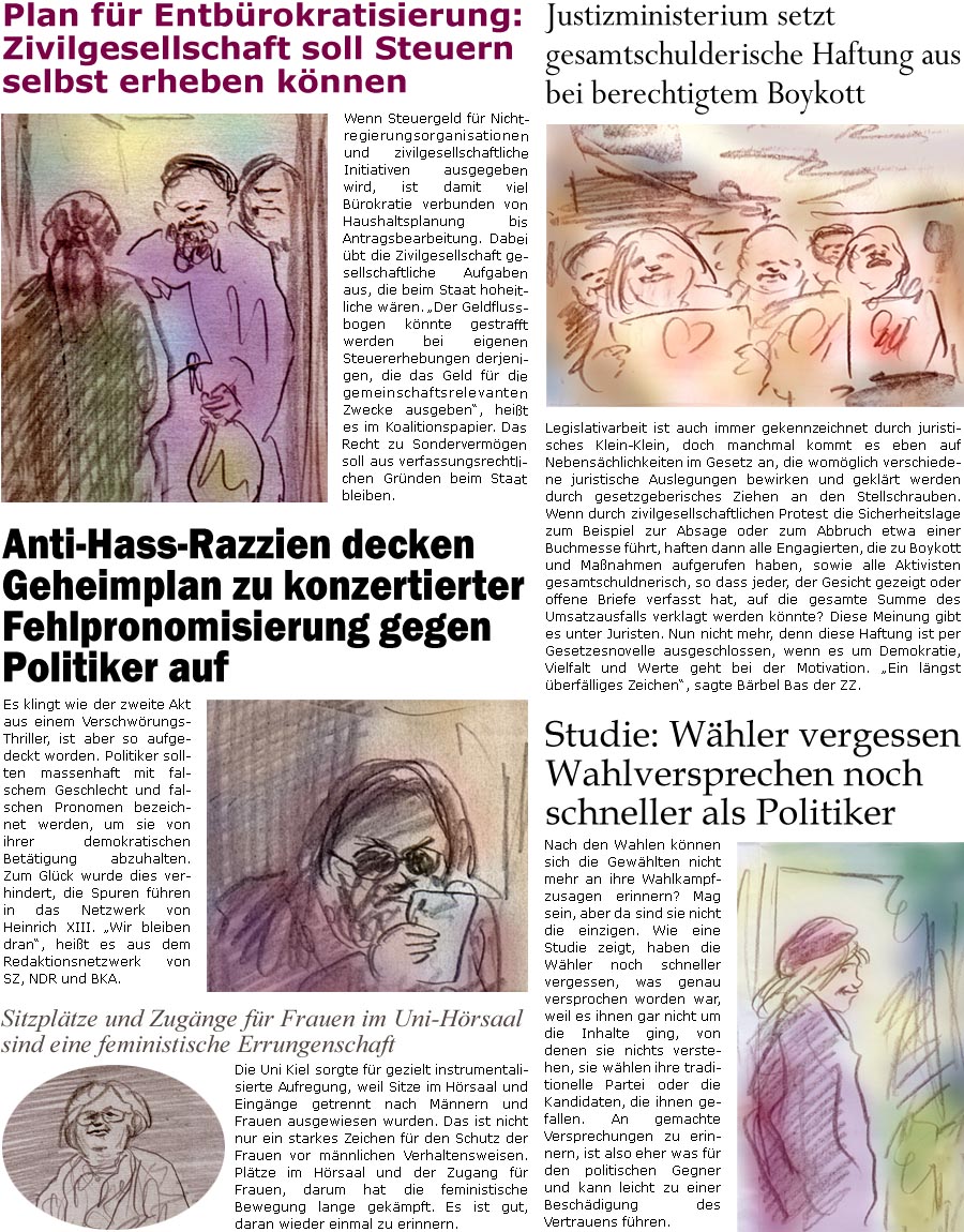 ZellerZeitung.de Seite 1728 - Die Online-Satirezeitung powered by Bernd Zeller 
27. Juni 2025

Justizministerium setzt gesamtschulderische Haftung aus bei berechtigtem Boykott
Legislativarbeit ist auch immer gekennzeichnet durch juristisches Klein-Klein, doch manchmal kommt es eben auf Nebenschlichkeiten im Gesetz an, die womglich verschiedene juristische Auslegungen bewirken und geklrt werden durch gesetzgeberisches Ziehen an den Stellschrauben. Wenn durch zivilgesellschaftlichen Protest die Sicherheitslage zum Beispiel zur Absage oder zum Abbruch etwa einer Buchmesse fhrt, haften dann alle Engagierten, die zu Boykott und Manahmen aufgerufen haben, sowie alle Aktivisten gesamtschuldnerisch, so dass jeder, der Gesicht gezeigt oder offene Briefe verfasst hat, auf die gesamte Summe des Umsatzausfalls verklagt werden knnte? Diese Meinung gibt es unter Juristen. Nun nicht mehr, denn diese Haftung ist durch Gese
