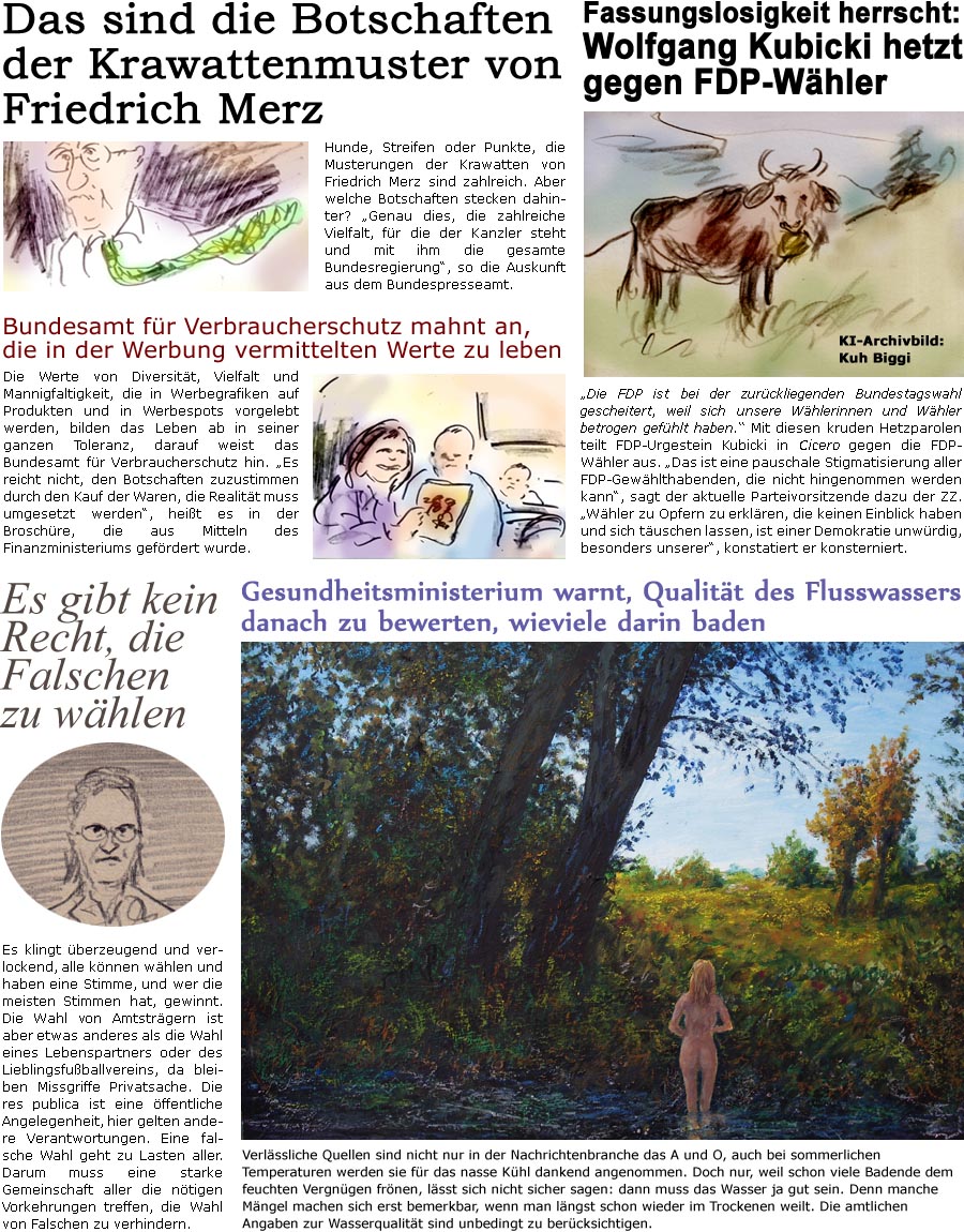 ZellerZeitung.de Seite 1752 - Die Online-Satirezeitung powered by Bernd Zeller 
22. August 2025

Gesundheitsministerium warnt, Qualitt des Flusswassers danach zu bewerten, wieviele darin baden
Verlssliche Quellen sind nicht nur in der Nachrichtenbranche das A und O, auch bei sommerlichen Temperaturen werden sie fr das nasse Khl dankend angenommen. Doch nur, weil schon viele Badende dem feuchten Vergngen frnen, lsst sich nicht sicher sagen: dann muss das Wasser ja gut sein. Denn manche Mngel machen sich erst bemerkbar, wenn man lngst schon wieder im Trockenen weilt. Die amtlichen Angaben zur Wasserqualitt sind unbedingt zu bercksichtigen.

Es gibt kein Recht, die Falschen zu whlen
Es klingt berzeugend und verlockend, alle knnen whlen und haben eine Stimme, und wer die meisten Stimmen hat, gewinnt. Die Wahl von Amtstrgern ist aber etwas anderes als die Wahl eines Lebenspartners oder des Lieblings