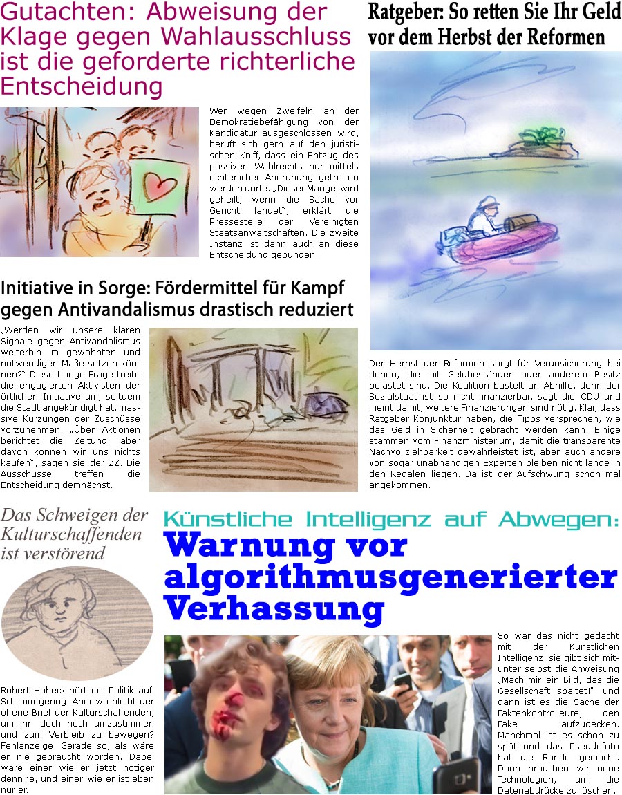 ZellerZeitung.de Seite 1754 - Die Online-Satirezeitung powered by Bernd Zeller 
27. August 2025

Knstliche Intelligenz auf Abwegen:
Warnung vor algorithmusgenerierter Verhassung
So war das nicht gedacht mit der Knstlichen Intelligenz, sie gibt sich mitunter selbst die Anweisung “Mach mir ein Bild, das die Gesellschaft spaltet!” und dann ist es die Sache der Faktenkontrolleure, den Fake aufzudecken. Manchmal ist es schon zu spt und das Pseudofoto hat die Runde gemacht. Dann brauchen wir neue Technologien, um die Datenabdrcke zu lschen.

Das Schweigen der Kulturschaffenden ist verstrend
Robert Habeck hrt mit Politik auf. Schlimm genug. Aber wo bleibt der offene Brief der Kulturschaffenden, um ihn doch noch umzustimmen und zum Verbleib zu bewegen? Fehlanzeige. Gerade so, als wre er nie gebraucht worden. Dabei wre einer wie er jetzt ntiger denn je, und einer wie er ist eben nur er.

Ratgeb