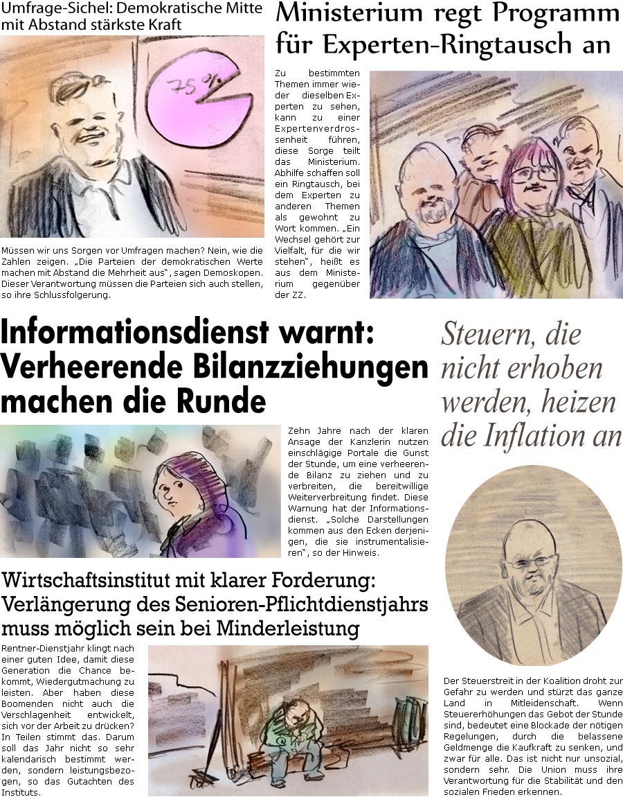 ZellerZeitung.de Seite 1756 - Die Online-Satirezeitung powered by Bernd Zeller 
1. September 2025

Umfrage-Sichel: Demokratische Mitte mit Abstand strkste Kraft
Mssen wir uns Sorgen vor Umfragen machen? Nein, wie die Zahlen zeigen. “Die Parteien der demokratischen Werte machen mit Abstand die Mehrheit aus”, sagen Demoskopen. Dieser Verantwortung mssen die Parteien sich auch stellen, so ihre Schlussfolgerung.

Ministerium regt Programm fr Experten-Ringtausch an
Zu bestimmten Themen immer wieder dieselben Experten zu sehen, kann zu einer Expertenverdrossenheit fhren, diese Sorge teilt das Ministerium. Abhilfe schaffen soll ein Ringtausch, bei dem Experten zu anderen Themen als gewohnt zu Wort kommen. “Ein Wechsel gehrt zur Vielfalt, fr die wir stehen”, heit es aus dem Ministerium gegenber der ZZ.

Informationsdienst warnt: Verheerende Bilanzziehungen machen die Runde
Zehn Jahr