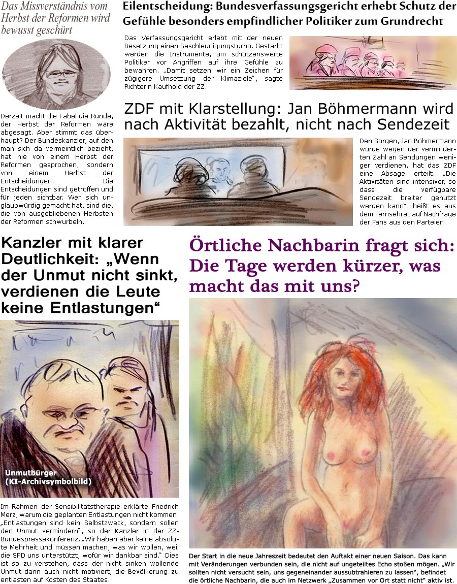 ZellerZeitung.de Seite 1767 - Die Online-Satirezeitung powered by Bernd Zeller 
26. September 2025

rtliche Nachbarin fragt sich: Die Tage werden krzer, was macht das mit uns?
Der Start in die neue Jahreszeit bedeutet den Auftakt einer neuen Saison. Das kann mit Vernderungen verbunden sein, die nicht auf ungeteiltes Echo stoen mgen. “Wir sollten nicht versucht sein, uns gegeneinander aussubtrahieren zu lassen”, befindet die rtliche Nachbarin, die auch im Netzwerk “Zusammen vor Ort statt nicht” aktiv ist.

Kanzler mit klarer Deutlichkeit: “Wenn der Unmut nicht sinkt, verdienen die Leute keine Entlastungen”
Im Rahmen der Sensibilittstherapie erklrte FriedrichMerz, warum die geplanten Entlastungen nicht kommen. “Entlastungen sind kein Selbstzweck, sondern sollen den Unmut vermindern”, so der Kanzler in der ZZ-Bundespressekonferenz. “Wir haben aber kein