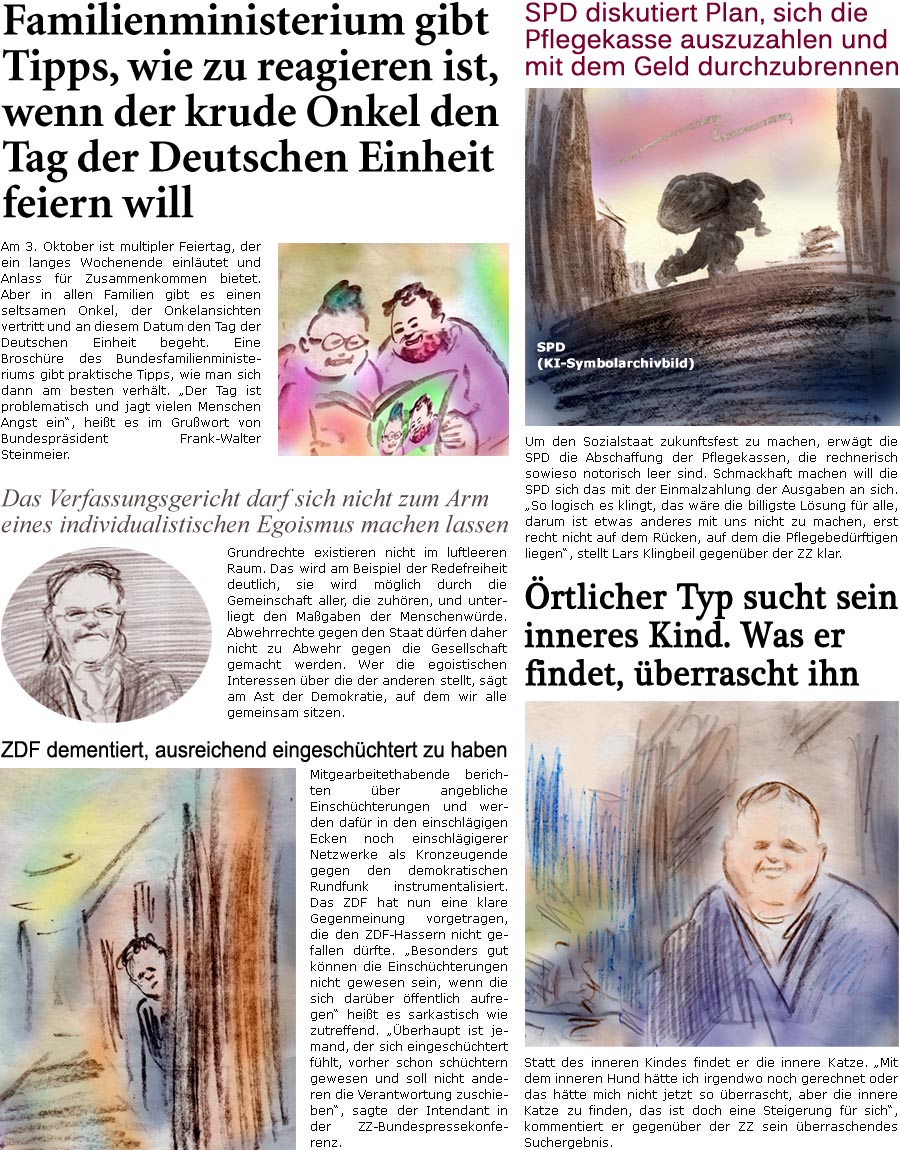 ZellerZeitung.de Seite 1768 - Die Online-Satirezeitung powered by Bernd Zeller 
29. September 2025

rtlicher Typ sucht sein inneres Kind. Was er findet, berrascht ihn
Statt des inneren Kindes findet er die innere Katze. “Mit dem inneren Hund htte ich irgendwo noch gerechnet oder das htte mich nicht jetzt so berrascht, aber die innere Katze zu finden, das ist doch eine Steigerung fr sich”, kommentiert er gegenber der ZZ sein berraschendes Suchergebnis.

SPD diskutiert Plan, sich die Pflegekasse auszuzahlen und mit dem Geld durchzubrennen
Um den Sozialstaat zukunftsfest zu machen, erwgt die SPD die Abschaffung der Pflegekassen, die rechnerisch sowieso notorisch leer sind. Schmackhaft machen will die SPD sich das mit der Einmalzahlung der Ausgaben an sich. “So logisch es klingt, das wre die billigste Lsung fr alle, darum ist etwas anderes mit uns nicht zu machen, erst recht nicht auf