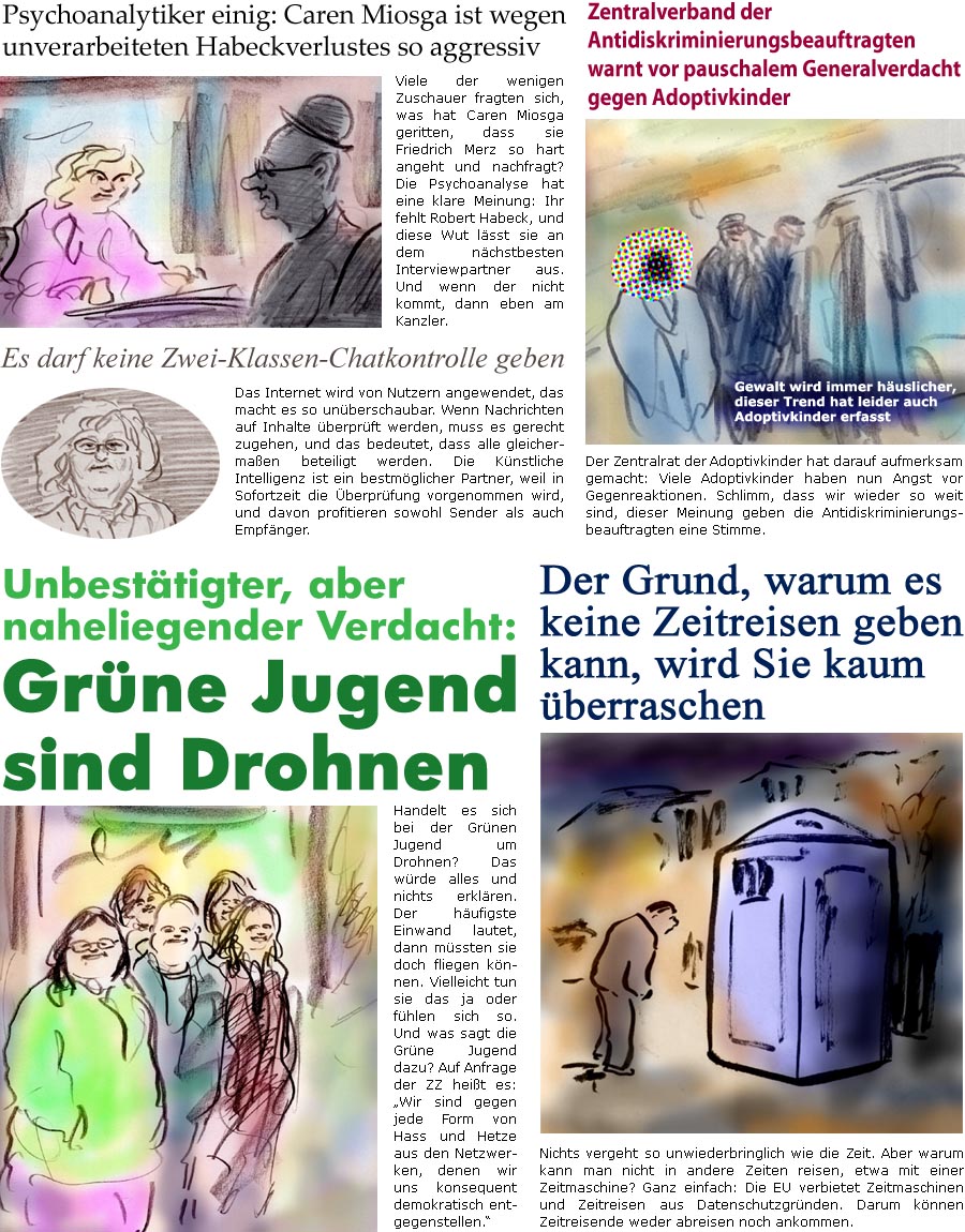 ZellerZeitung.de Seite 1772 - Die Online-Satirezeitung powered by Bernd Zeller 
8. Oktober 2025

Es darf keine Zwei-Klassen-Chatkontrolle geben
Das Internet wird von Nutzern angewendet, das macht es so unberschaubar. Wenn Nachrichten auf Inhalte berprft werden, muss es gerecht zugehen, und das bedeutet, dass alle gleichermaen beteiligt werden. Die Knstliche Intelligenz ist ein bestmglicher Partner, weil in Sofortzeit die berprfung vorgenommen wird, und davon profitieren sowohl Sender als auch Empfnger.

Psychoanalytiker einig: Caren Miosga ist wegen unverarbeiteten Habeckverlustes so aggressiv
Viele der wenigen Zuschauer fragten sich, was hat Caren Miosga geritten, dass sie Friedrich Merz so hart angeht und nachfragt? Die Psychoanalyse hat eine klare Meinung: Ihr fehlt Robert Habeck, und diese Wut lsst sie an dem nchstbesten Interviewpartner aus. Und wenn der nicht kommt, dann eben am Kanzler.

Ze