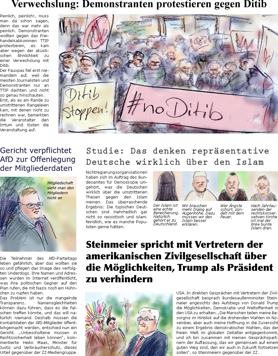 ZellerZeitung.de Seite 261 - Steinmeier spricht mit amerikanischer Zivilgesellschaft über Verhinderung von Trump / Gericht: AfD muss Mitgliederdaten veröffentlichen / Umfrage: Das denken die Deutschen wirklich über den Islam / Verwechslung: Demonstration gegen Ditib