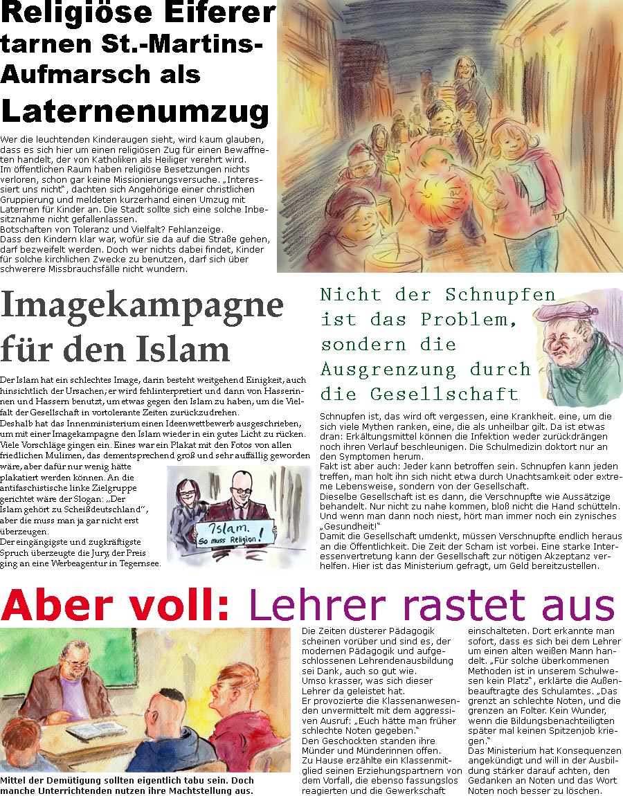 ZellerZeitung.de Seite 40 - St-Martins-Zug als Laternenumzug getarnt / Imagekampagne fr den Islam
<br>Schnupfenkranke fordern Respekt / Lehrer rastet aus