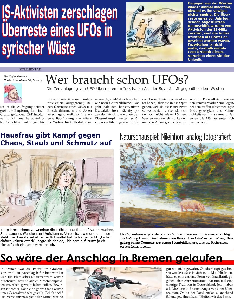ZellerZeitung.de Seite 79 - IS zerstört UFO / Hausfrau gibt auf / Nileinhorn fotografiert 
<br>So wäre der Anschlag in Bremen gewesen